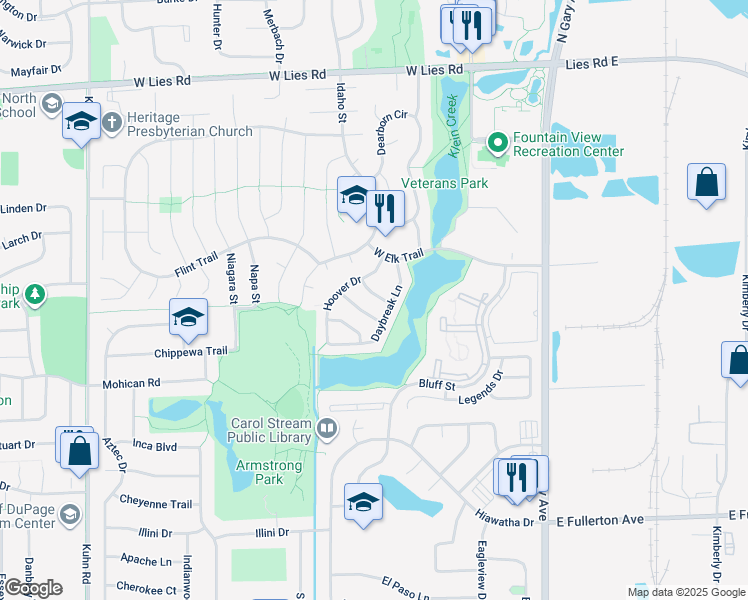 map of restaurants, bars, coffee shops, grocery stores, and more near 262 Allegro Lane in Carol Stream