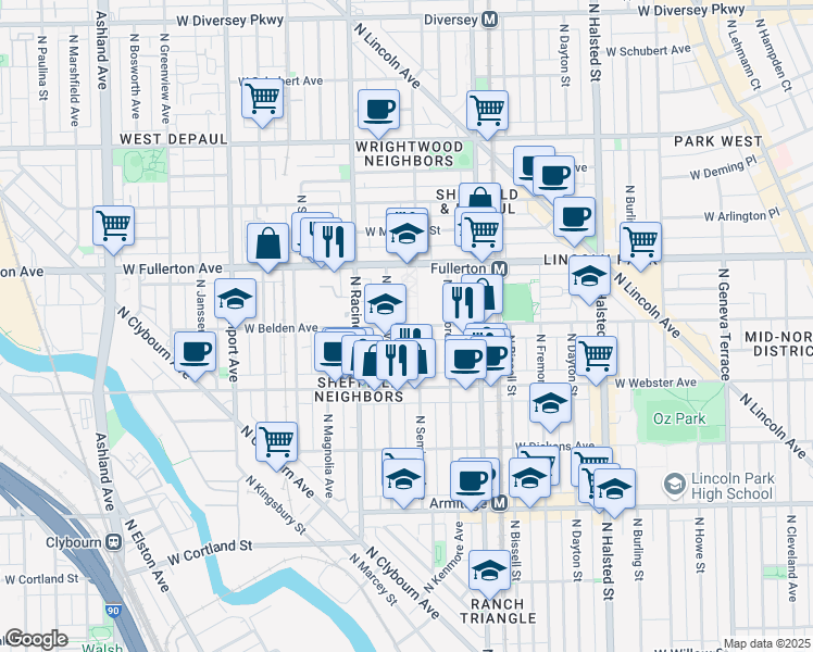 map of restaurants, bars, coffee shops, grocery stores, and more near 1110 West Belden Avenue in Chicago