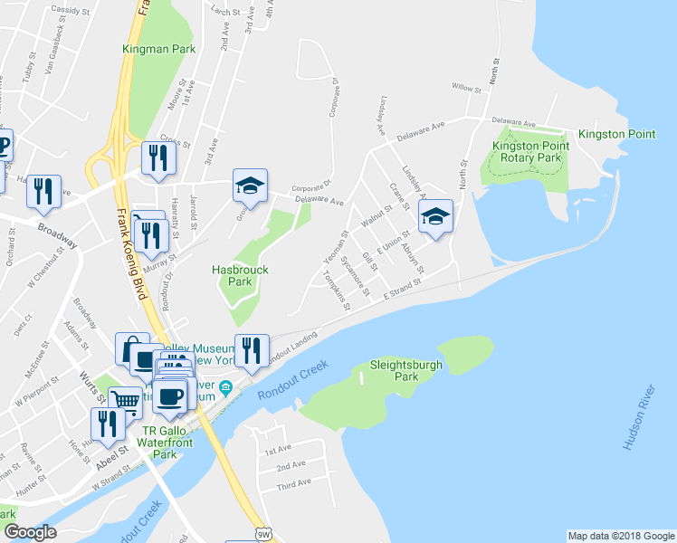 map of restaurants, bars, coffee shops, grocery stores, and more near 217 East Union Street in Kingston