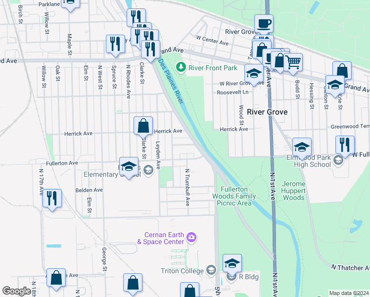 map of restaurants, bars, coffee shops, grocery stores, and more near 8725 Ridge Street in River Grove
