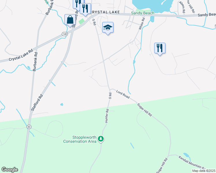 map of restaurants, bars, coffee shops, grocery stores, and more near 10 South Road in Ellington