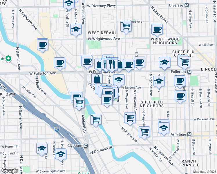 map of restaurants, bars, coffee shops, grocery stores, and more near 1428 West Belden Avenue in Chicago