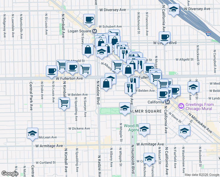 map of restaurants, bars, coffee shops, grocery stores, and more near 3116 West Belden Avenue in Chicago