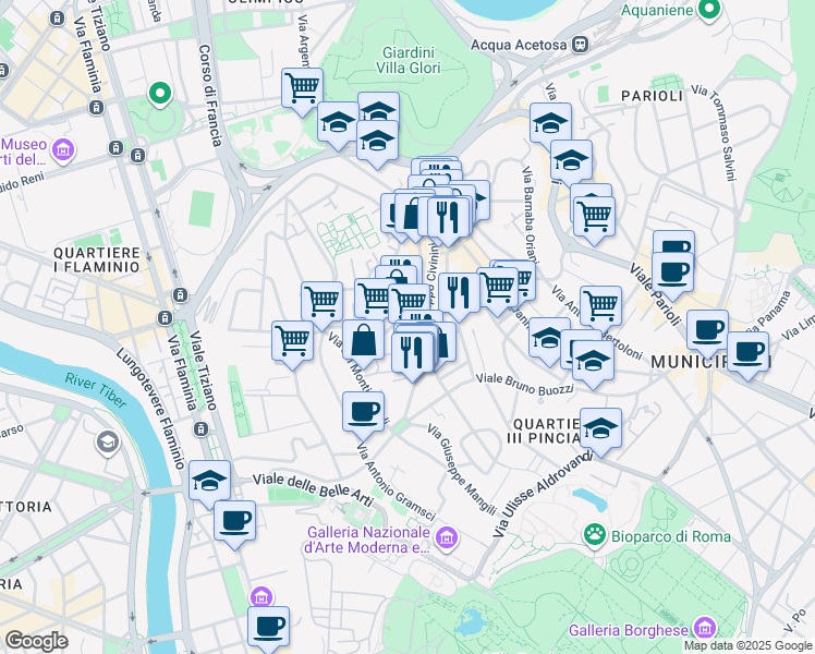 map of restaurants, bars, coffee shops, grocery stores, and more near 39-59 Via Archimede in Rome