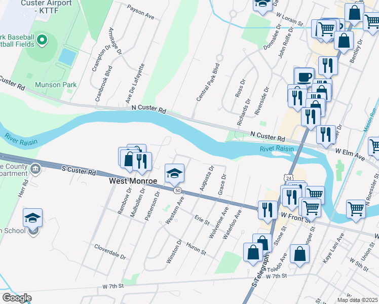 map of restaurants, bars, coffee shops, grocery stores, and more near 1944 Riverside Drive in Monroe