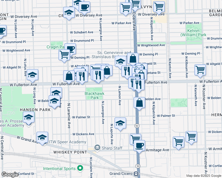 map of restaurants, bars, coffee shops, grocery stores, and more near 4930 West Medill Avenue in Chicago