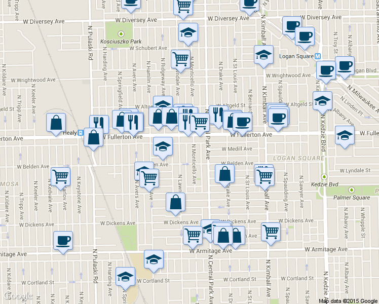 map of restaurants, bars, coffee shops, grocery stores, and more near 2324 North Monticello Avenue in Chicago