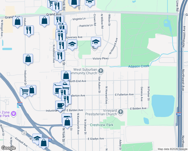 map of restaurants, bars, coffee shops, grocery stores, and more near 811 North Willow Road in Elmhurst