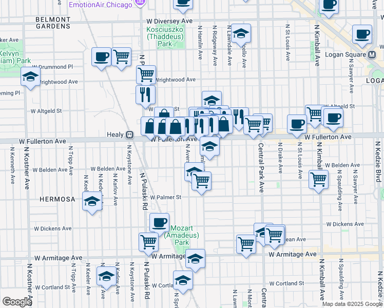 map of restaurants, bars, coffee shops, grocery stores, and more near 2325 N Avers Ave in Chicago
