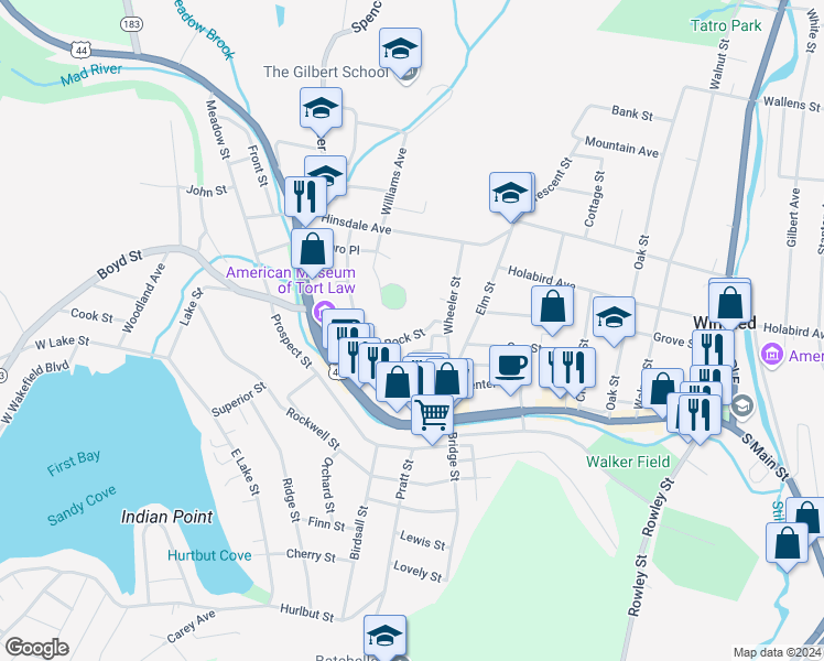 map of restaurants, bars, coffee shops, grocery stores, and more near 61 Rock Street in Winchester