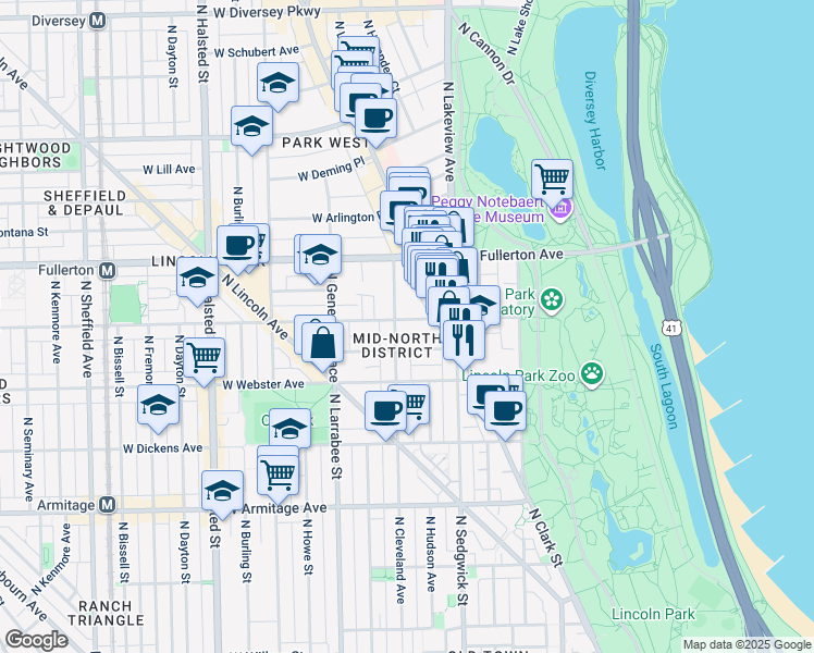 map of restaurants, bars, coffee shops, grocery stores, and more near 451 West Belden Avenue in Chicago