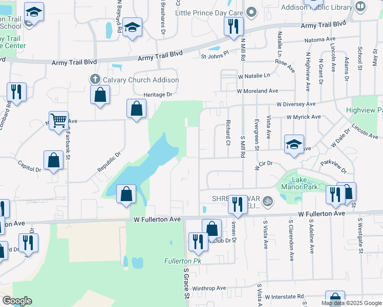 map of restaurants, bars, coffee shops, grocery stores, and more near 166 South La Londe Avenue in Addison