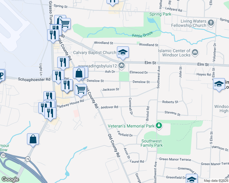 map of restaurants, bars, coffee shops, grocery stores, and more near 27 Jackson Street in Windsor Locks