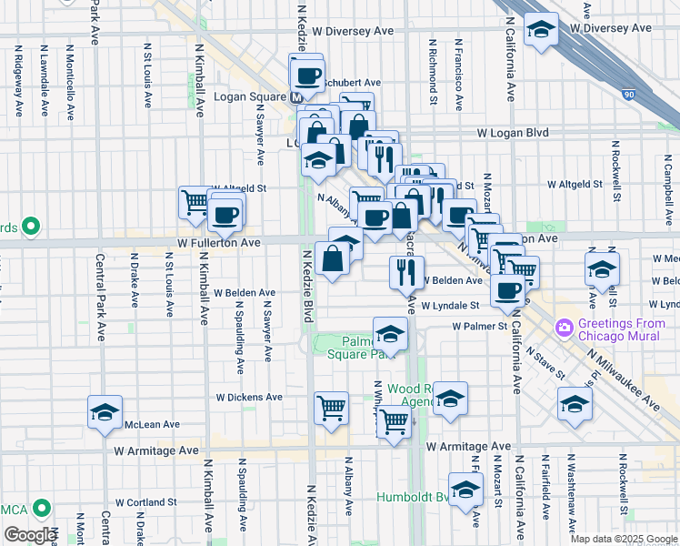 map of restaurants, bars, coffee shops, grocery stores, and more near 3116 West Belden Avenue in Chicago