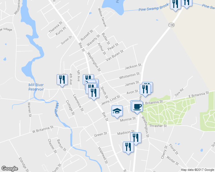 map of restaurants, bars, coffee shops, grocery stores, and more near 368 Washington Street in Taunton