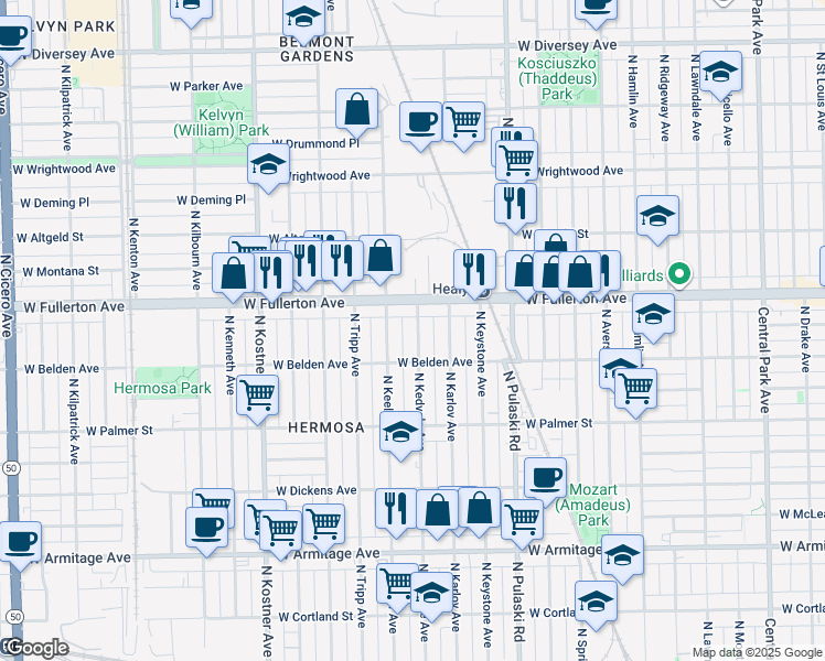 map of restaurants, bars, coffee shops, grocery stores, and more near 2330 North Kedvale Avenue in Chicago