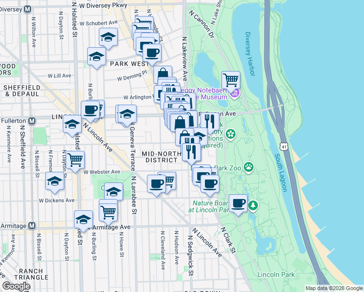 map of restaurants, bars, coffee shops, grocery stores, and more near 401 West Belden Avenue in Chicago