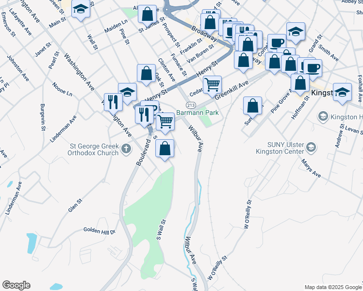 map of restaurants, bars, coffee shops, grocery stores, and more near 45 South Pine Street in Kingston