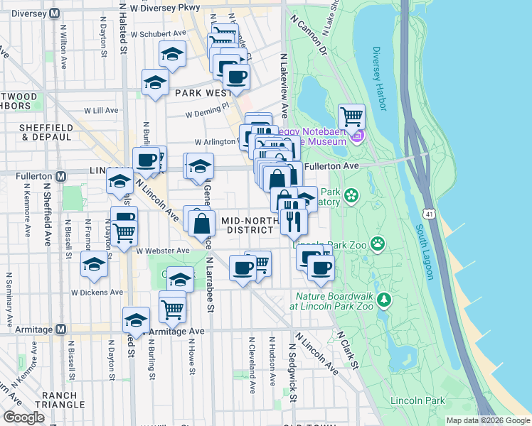 map of restaurants, bars, coffee shops, grocery stores, and more near 437 West Belden Avenue in Chicago