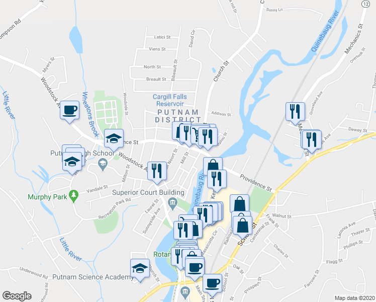 map of restaurants, bars, coffee shops, grocery stores, and more near 98 Mill Street in Putnam