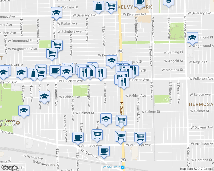 map of restaurants, bars, coffee shops, grocery stores, and more near 2337 North Lamon Avenue in Chicago