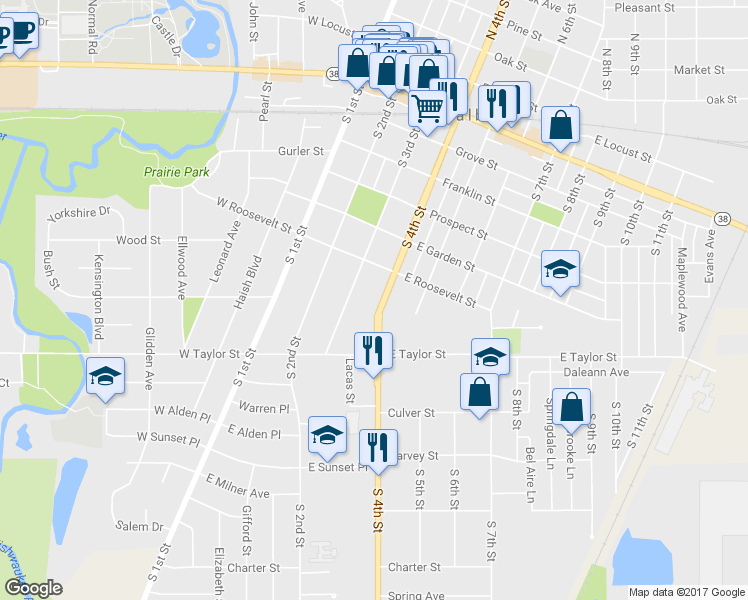 map of restaurants, bars, coffee shops, grocery stores, and more near 639 South 4th Street in DeKalb