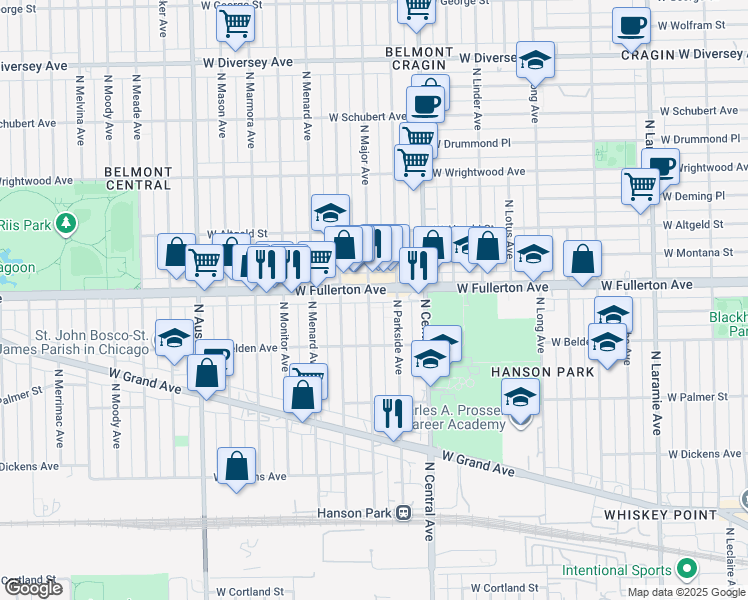map of restaurants, bars, coffee shops, grocery stores, and more near 2343 North Major Avenue in Chicago