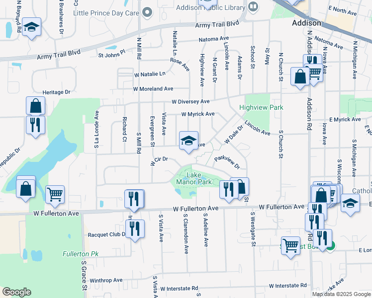 map of restaurants, bars, coffee shops, grocery stores, and more near 417 Park Avenue in Addison