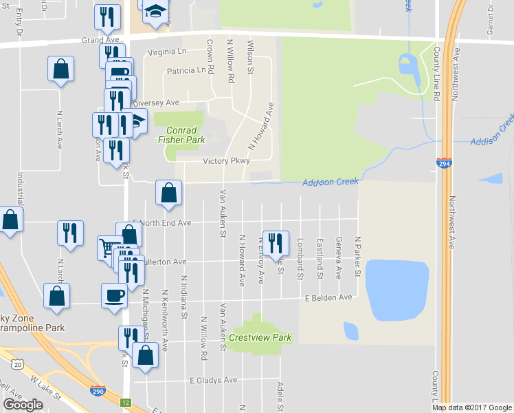 map of restaurants, bars, coffee shops, grocery stores, and more near 828 North Emroy Avenue in Elmhurst