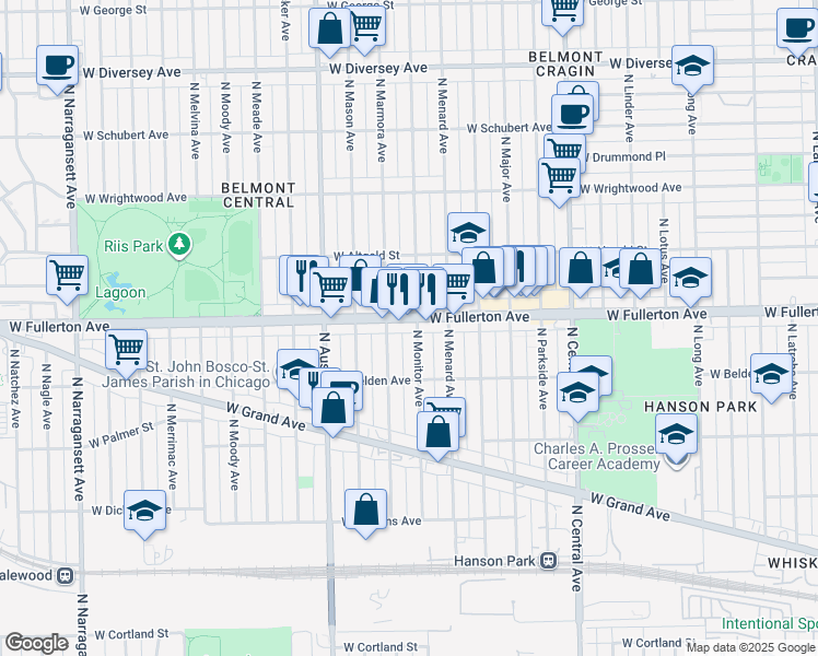 map of restaurants, bars, coffee shops, grocery stores, and more near 5835 West Fullerton Avenue in Chicago