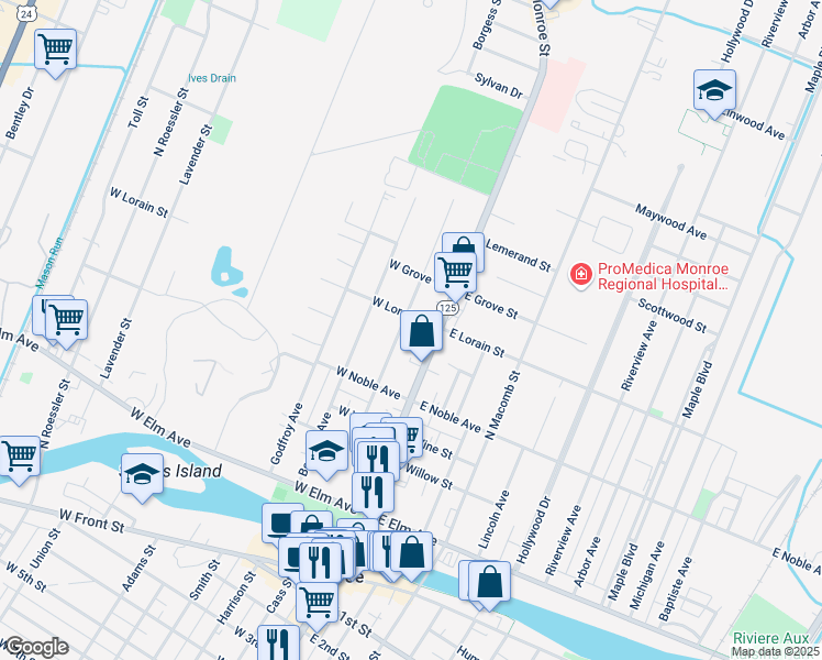 map of restaurants, bars, coffee shops, grocery stores, and more near 475 North Monroe Street in Monroe