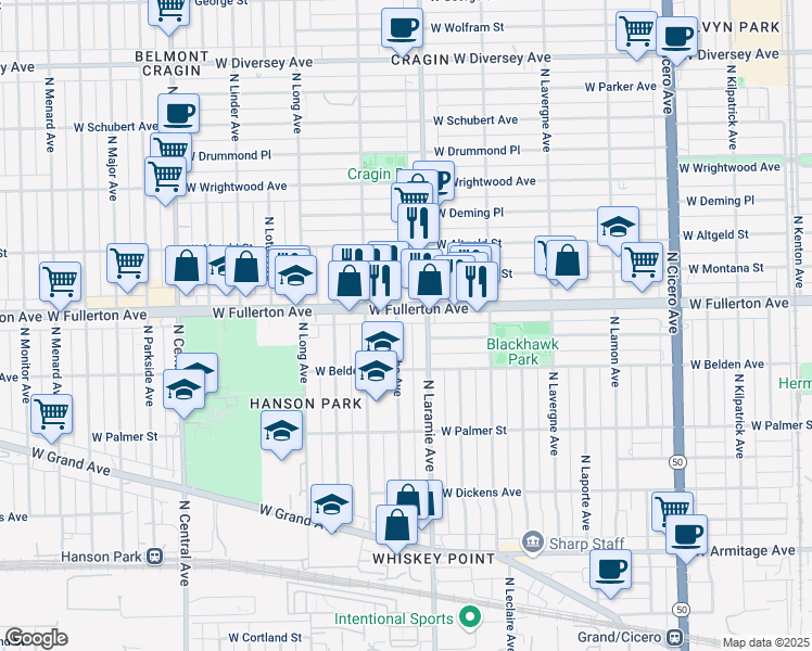 map of restaurants, bars, coffee shops, grocery stores, and more near 2340 North Latrobe Avenue in Chicago