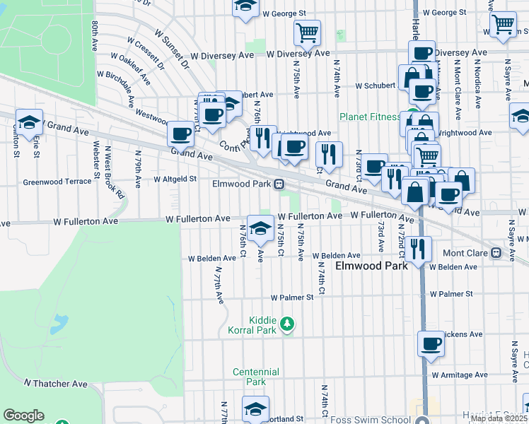 map of restaurants, bars, coffee shops, grocery stores, and more near 2401 North 76th Avenue in Elmwood Park