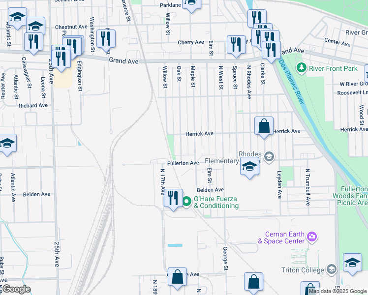 map of restaurants, bars, coffee shops, grocery stores, and more near 2427 Oak Street in Franklin Park