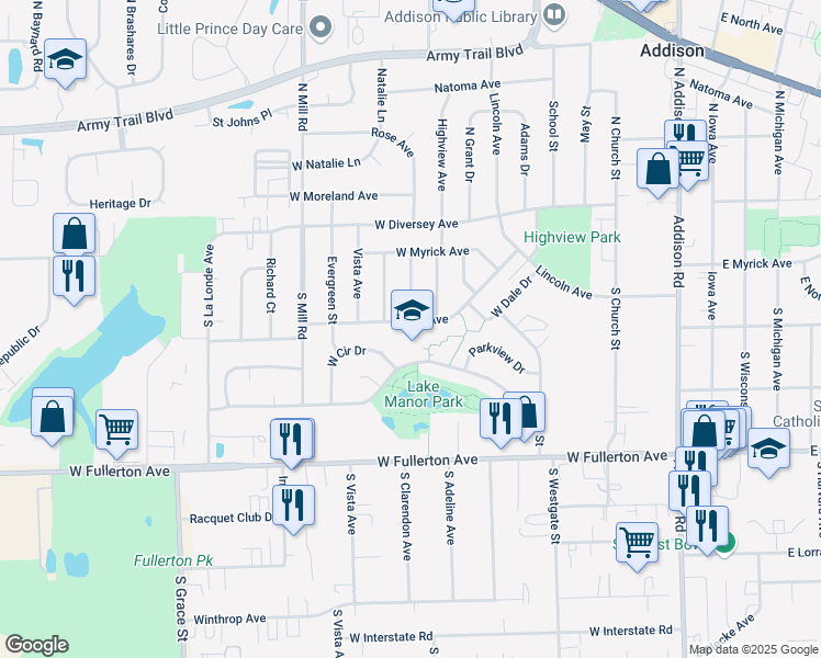 map of restaurants, bars, coffee shops, grocery stores, and more near 417 Park Avenue in Addison