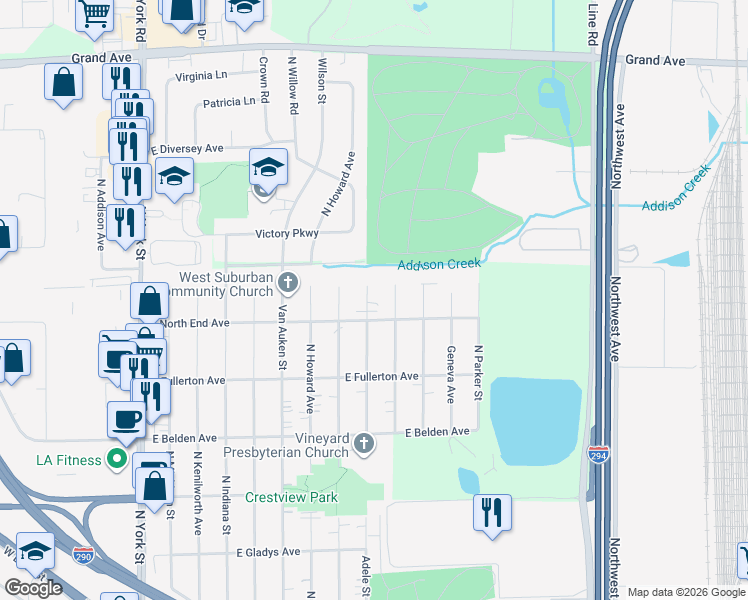map of restaurants, bars, coffee shops, grocery stores, and more near 831 Adele Street in Elmhurst