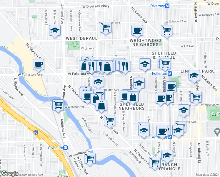 map of restaurants, bars, coffee shops, grocery stores, and more near 1328 West Belden Avenue in Chicago