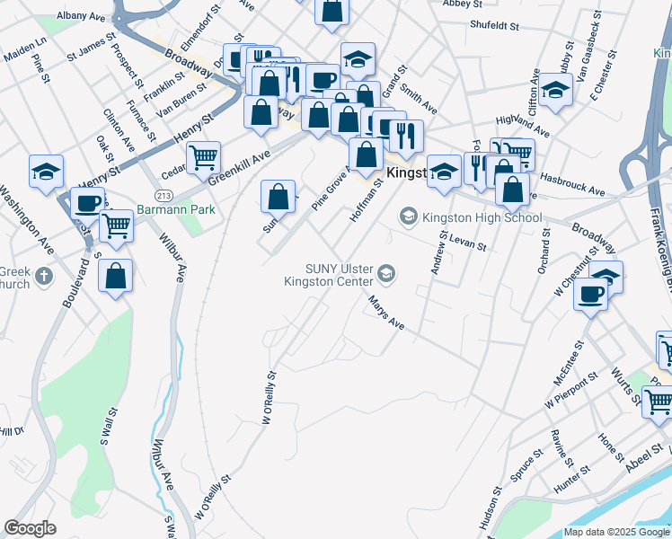 map of restaurants, bars, coffee shops, grocery stores, and more near 123 West O'Reilly Street in Kingston