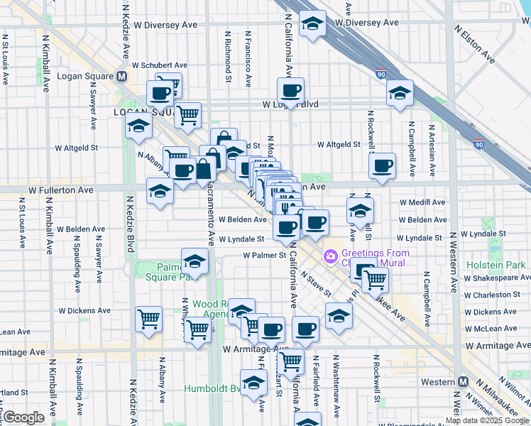 map of restaurants, bars, coffee shops, grocery stores, and more near 2340 North Milwaukee Avenue in Chicago