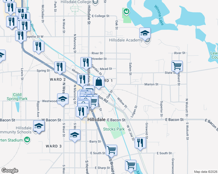 map of restaurants, bars, coffee shops, grocery stores, and more near 32 Oak Street in Hillsdale