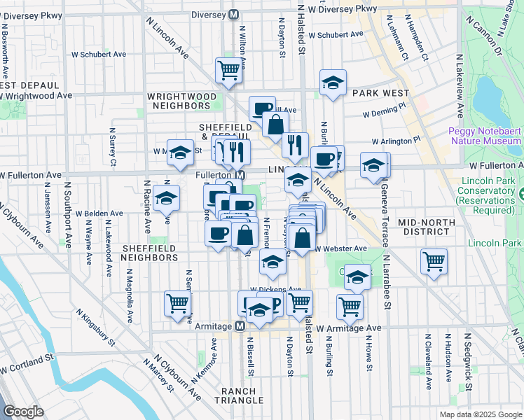 map of restaurants, bars, coffee shops, grocery stores, and more near West Belden Avenue in Chicago