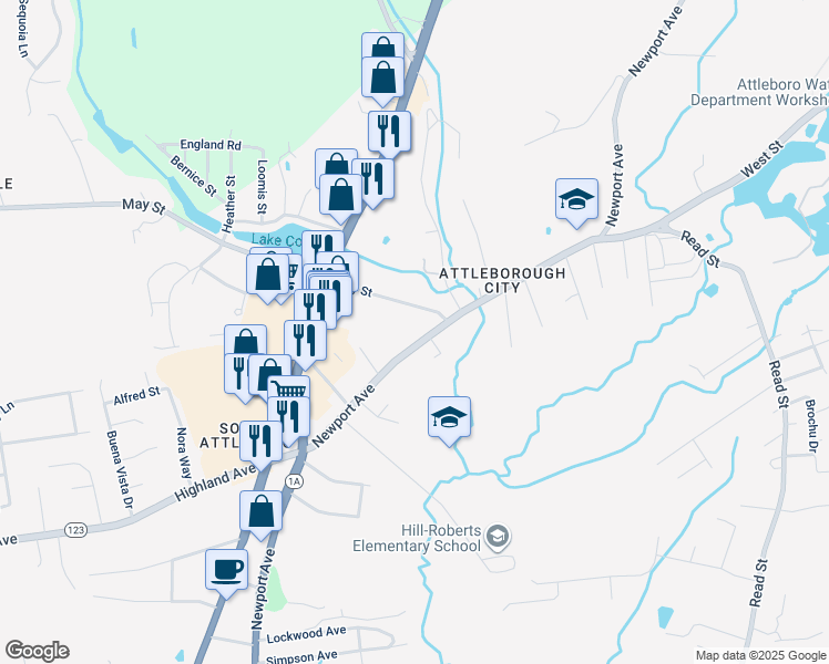 map of restaurants, bars, coffee shops, grocery stores, and more near 543 Newport Avenue in Attleboro