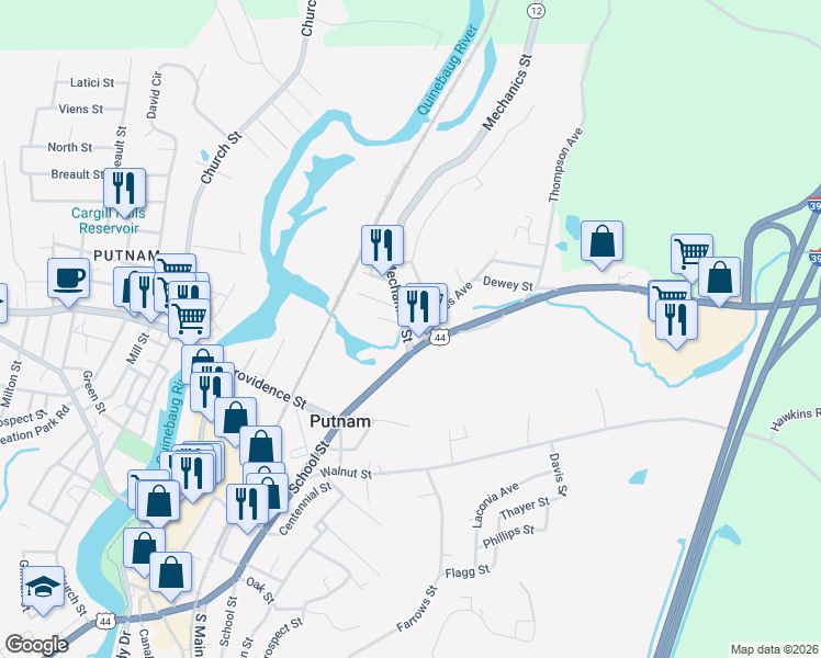 map of restaurants, bars, coffee shops, grocery stores, and more near 21 Mechanics Street in Putnam