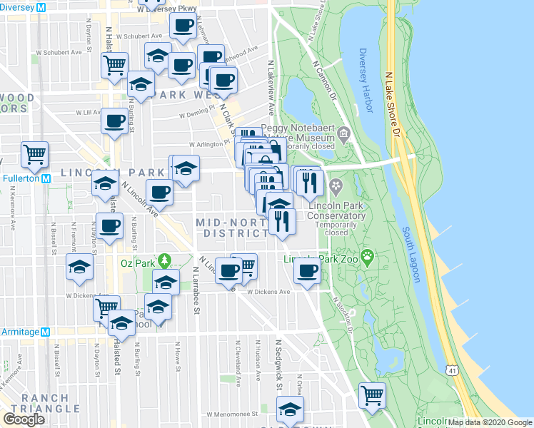 map of restaurants, bars, coffee shops, grocery stores, and more near 401 West Belden Avenue in Chicago
