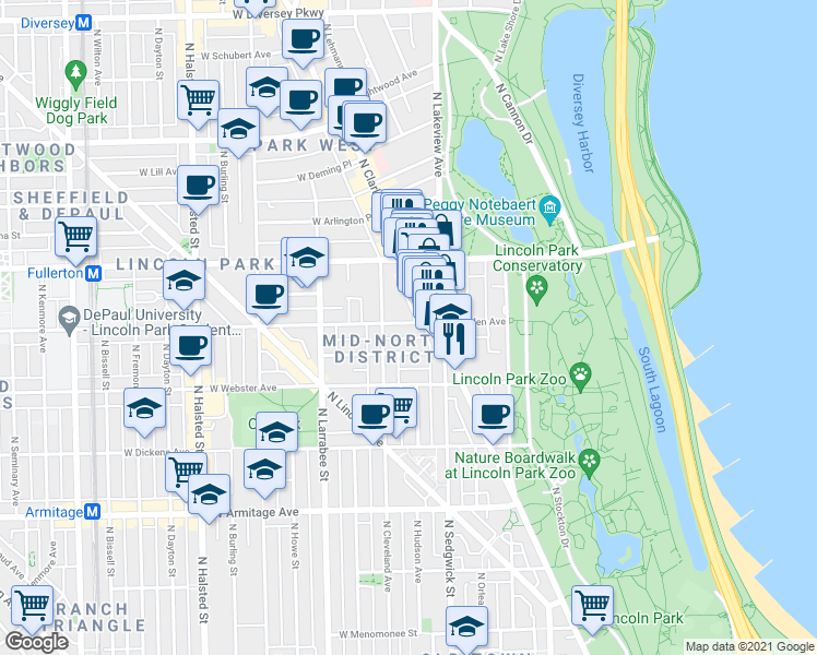 map of restaurants, bars, coffee shops, grocery stores, and more near 437 West Belden Avenue in Chicago