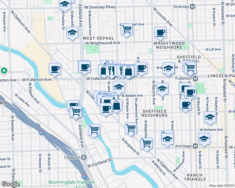 map of restaurants, bars, coffee shops, grocery stores, and more near 2311 North Southport Avenue in Chicago
