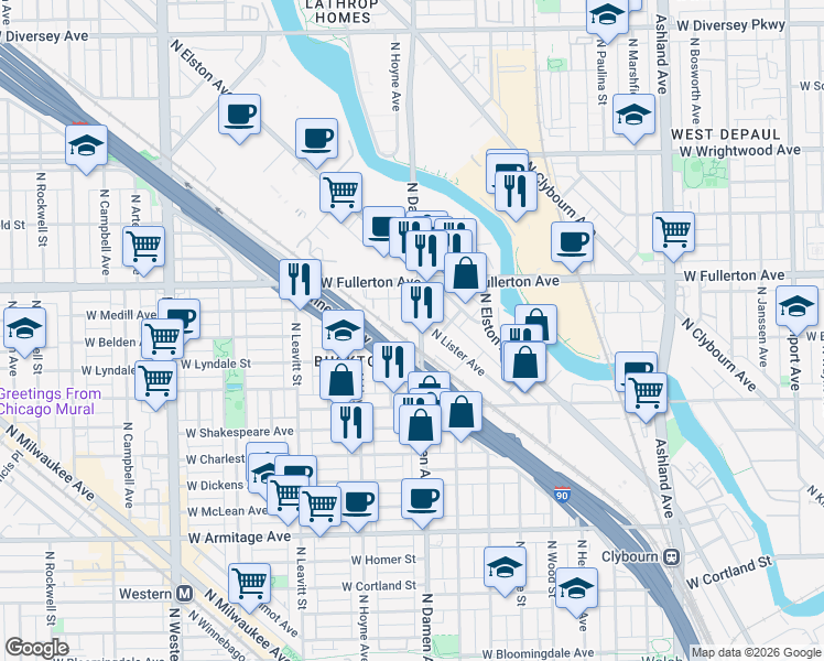 map of restaurants, bars, coffee shops, grocery stores, and more near in Chicago