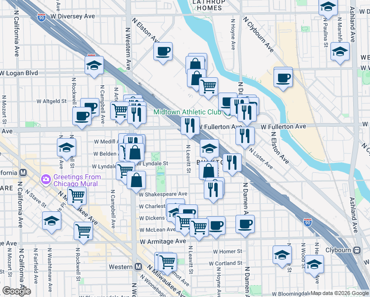 map of restaurants, bars, coffee shops, grocery stores, and more near 2327 North Leavitt Street in Chicago