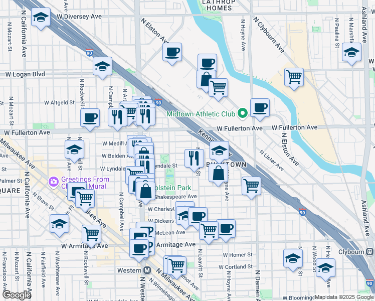 map of restaurants, bars, coffee shops, grocery stores, and more near 2232 West Belden Avenue in Chicago