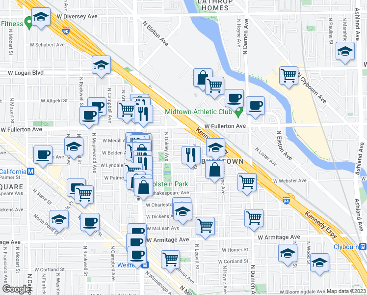 map of restaurants, bars, coffee shops, grocery stores, and more near 2232 West Belden Avenue in Chicago